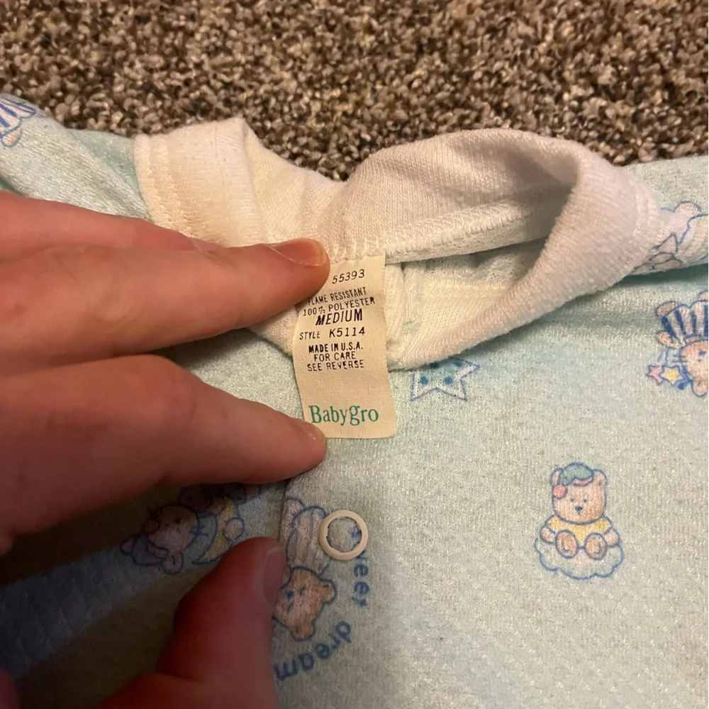Vintage‎ Babygro Pajamas Sleeper Blue Teddy Bear Lightweight Medium USA Made